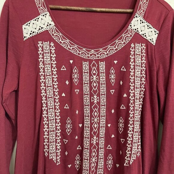 RXB Womens Red Bohemian Embroidered Shark Bite Hem 3/4 Sleeve Blouse Large - Picture 3 of 6